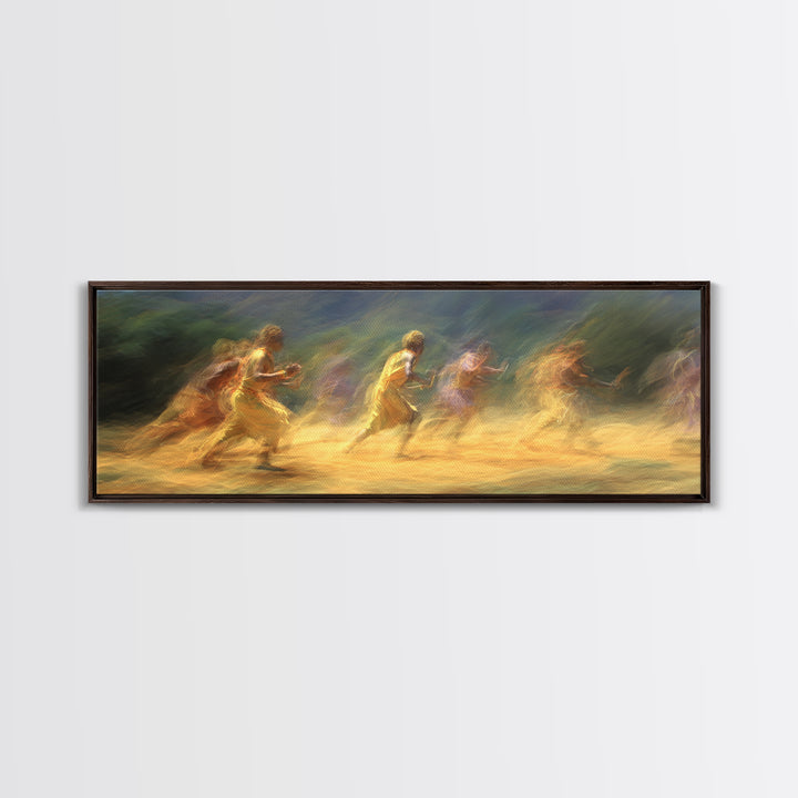 Sunlit Impressionist Runners Across Landscape Wall Art, African Inspired Canvas Print, Dreamy Nature Scene Art, Large Decor Art