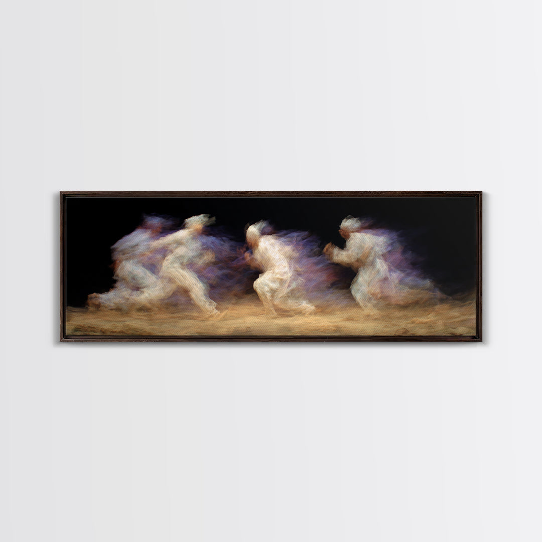 Ghostly African Runners In Sand And Violet Motion Canvas Print, Abstract Black Art, Athletic Dance Decor, Modern Wall Decor