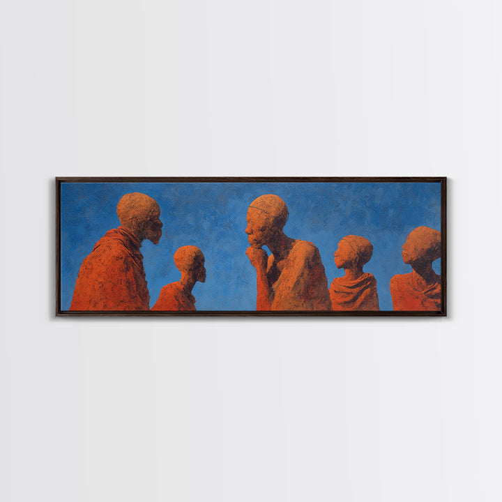 Terracotta African Figures Sharing Stories On Blue Wall Art, Tribal Family Decor, Cultural Portrait Print, Warm Minimalist Art