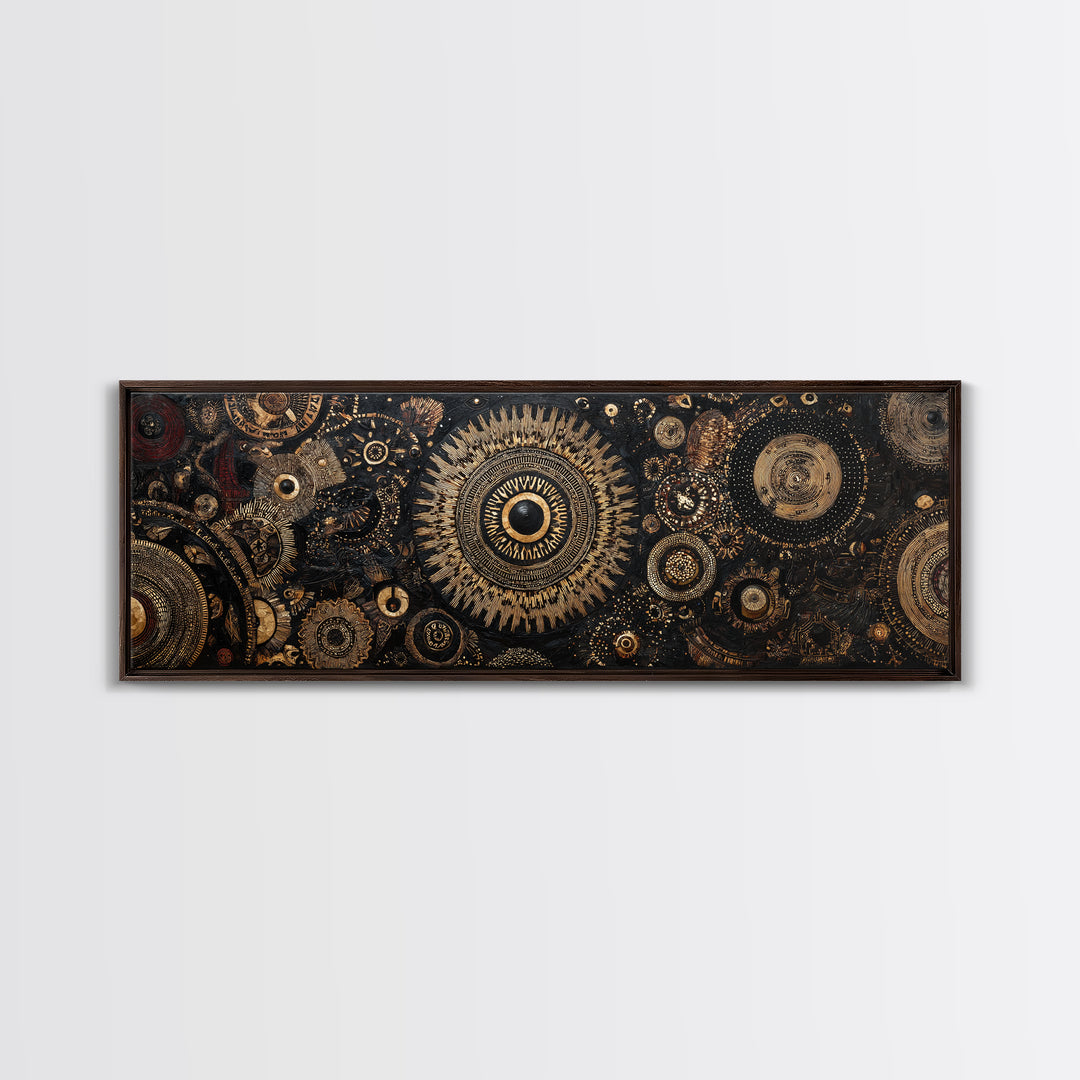 Ornate Black And Gold Mandala Gears Abstract Wall Art, Luxury Canvas Decor, Geometric Pattern Print, Elegant Home Decor Art