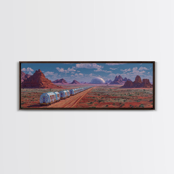 Futuristic Desert Train Crossing Red Plains Canvas Print, African Landscape Wall Art, Modern Canvas Art, Large Home Decor
