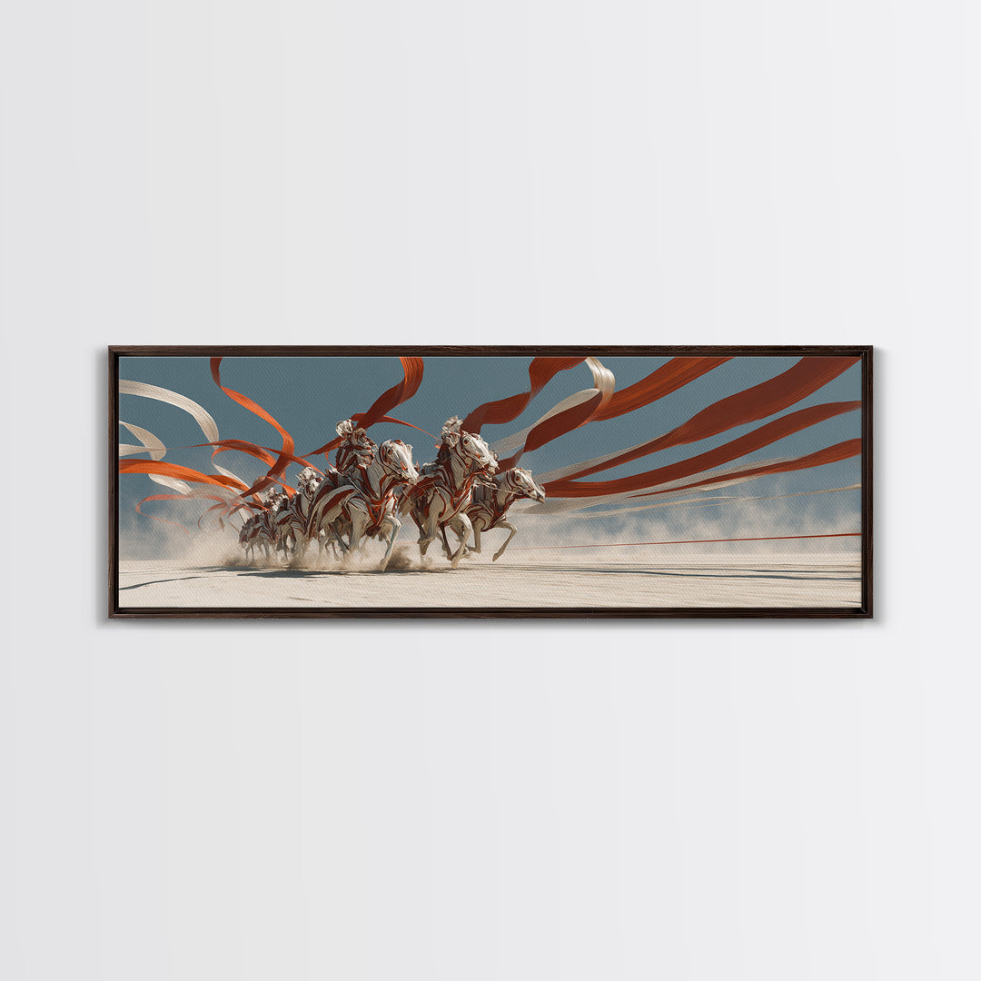 White Horses And Chariot Riders With Flowing Ribbons Wall Art, African Warrior Art, Equestrian Canvas Print, Statement Decor