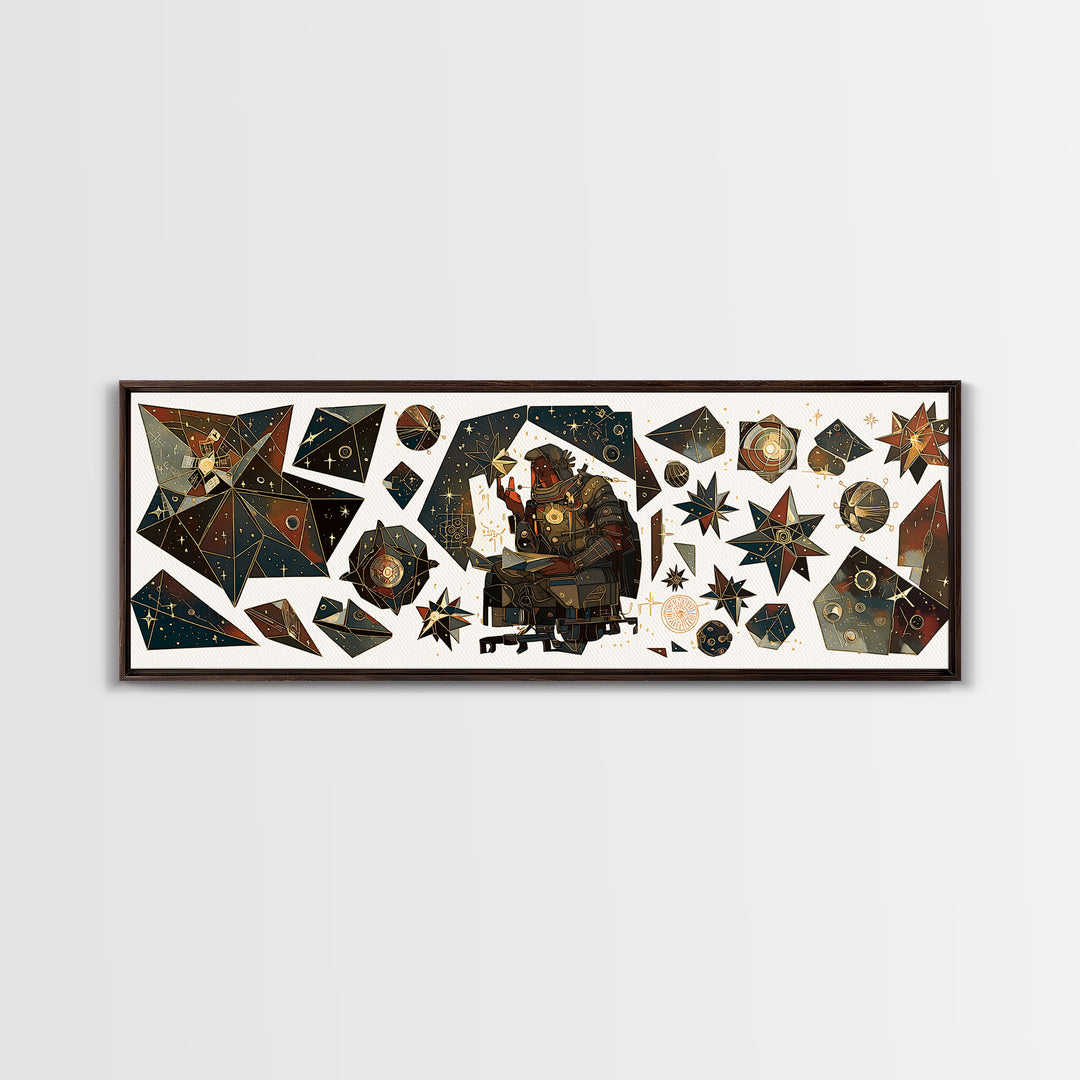 Celestial African Scholar Wall Art, Geometric Stars And Astronomy Decor, Afrocentric Canvas Print For Office Or Study Room