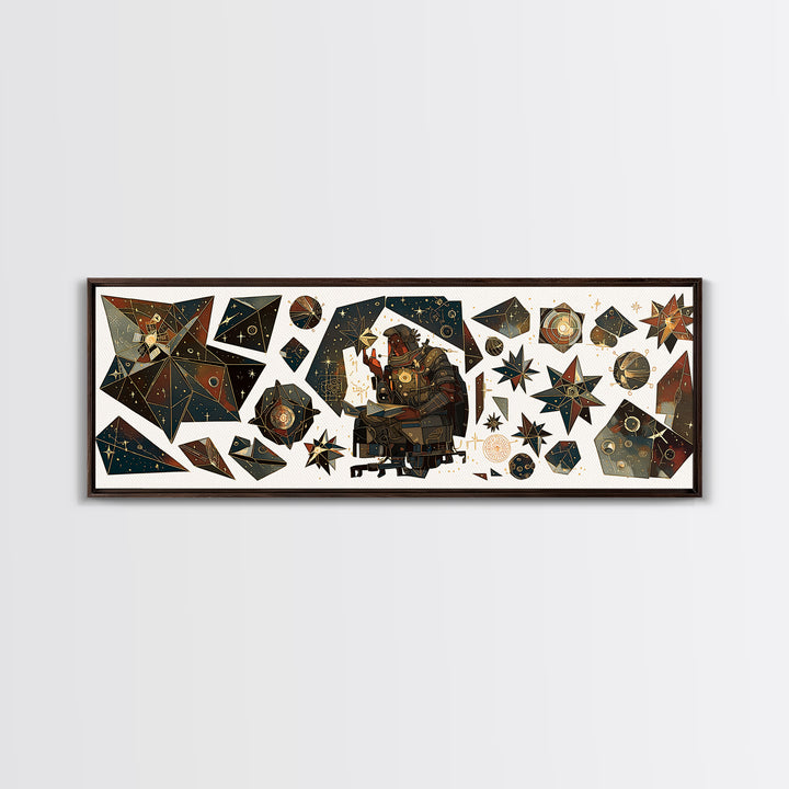 Celestial African Scholar Wall Art, Geometric Stars And Astronomy Decor, Afrocentric Canvas Print For Office Or Study Room