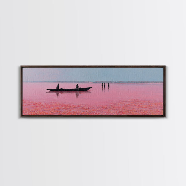 Minimal Pink Lake Boat Wall Art, African Seascape Print, Black Silhouette Decor, Calm Pastel Landscape For Bedroom Wall Decor