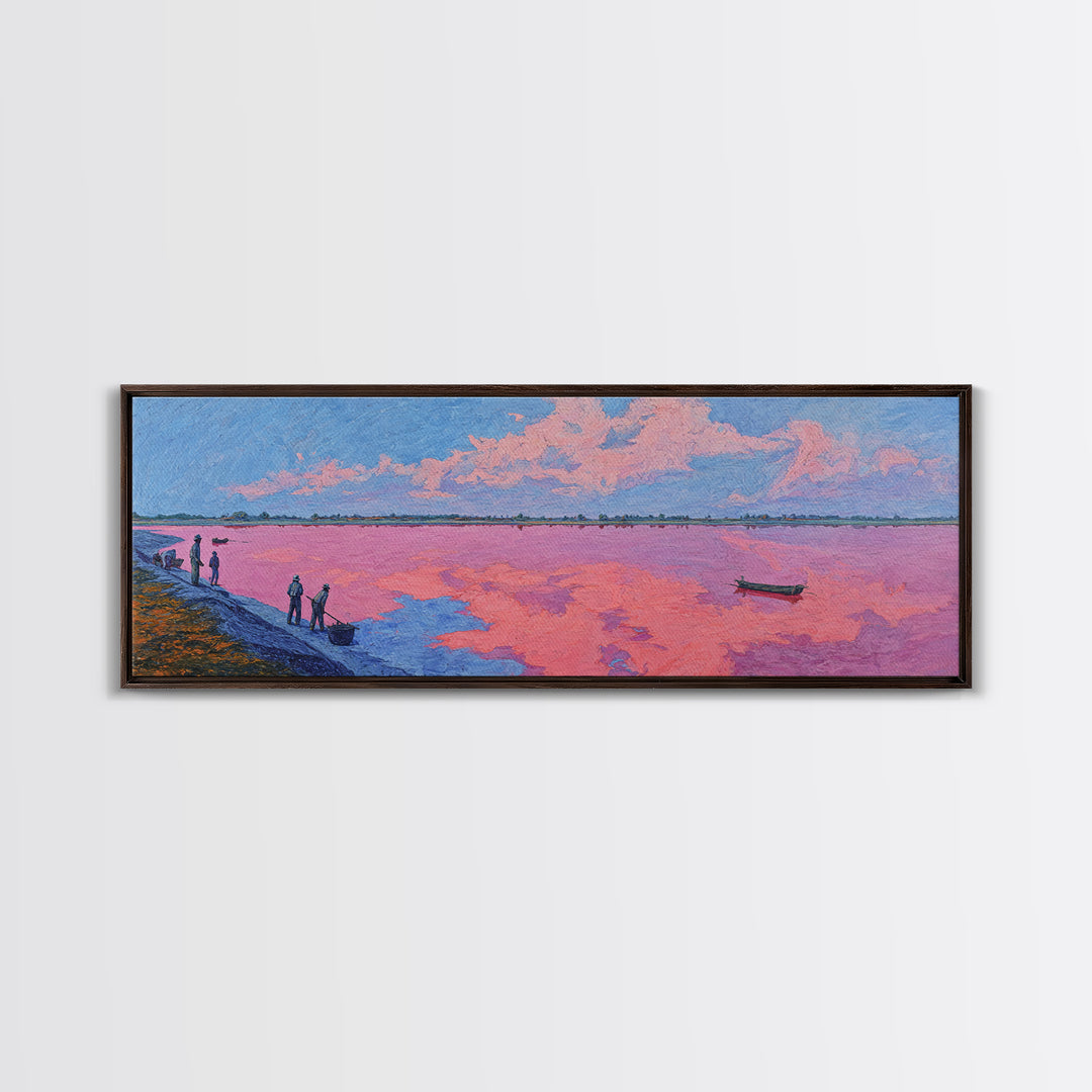 Pastel Pink Lake Sunset Canvas Print, African Landscape With Boat, Dreamy Wall Decor, Modern Coastal Art For Living Room