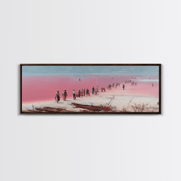 Pink Salt Flats Procession Wall Art, African Lake Landscape, Coastal Travel Poster, Pastel Canvas Decor For Living Room Gift