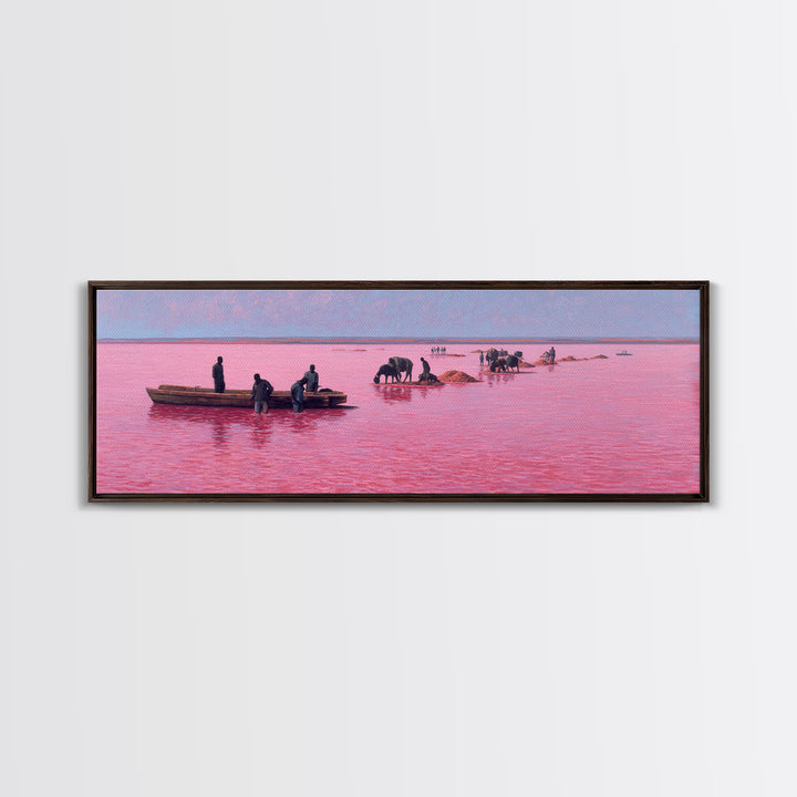 Pink Lake Salt Harvest Canvas Print, African Boats And Cattle Landscape, Coastal Wall Decor, Unique Living Room Art Gift
