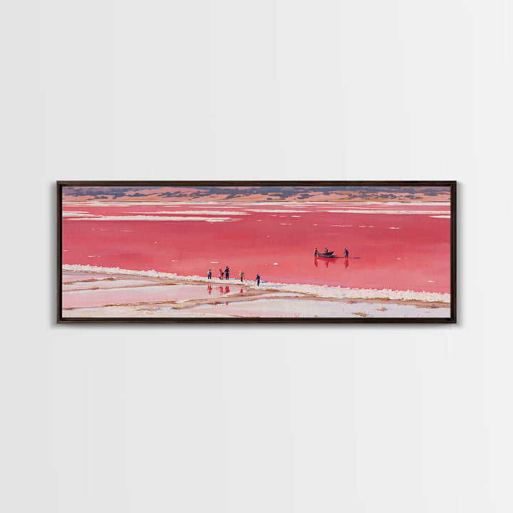Red Pink Salt Lake Boat Wall Art, African Coastal Landscape, Minimal Travel Poster, Vibrant Canvas Style For Living Room Decor