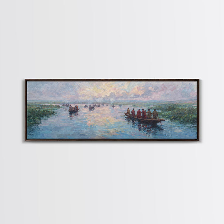 Pastel River Boats At Sunset Wall Art, African Landscape Canvas Print, Serene Safari Decor, Coastal Living Room Gift For Home