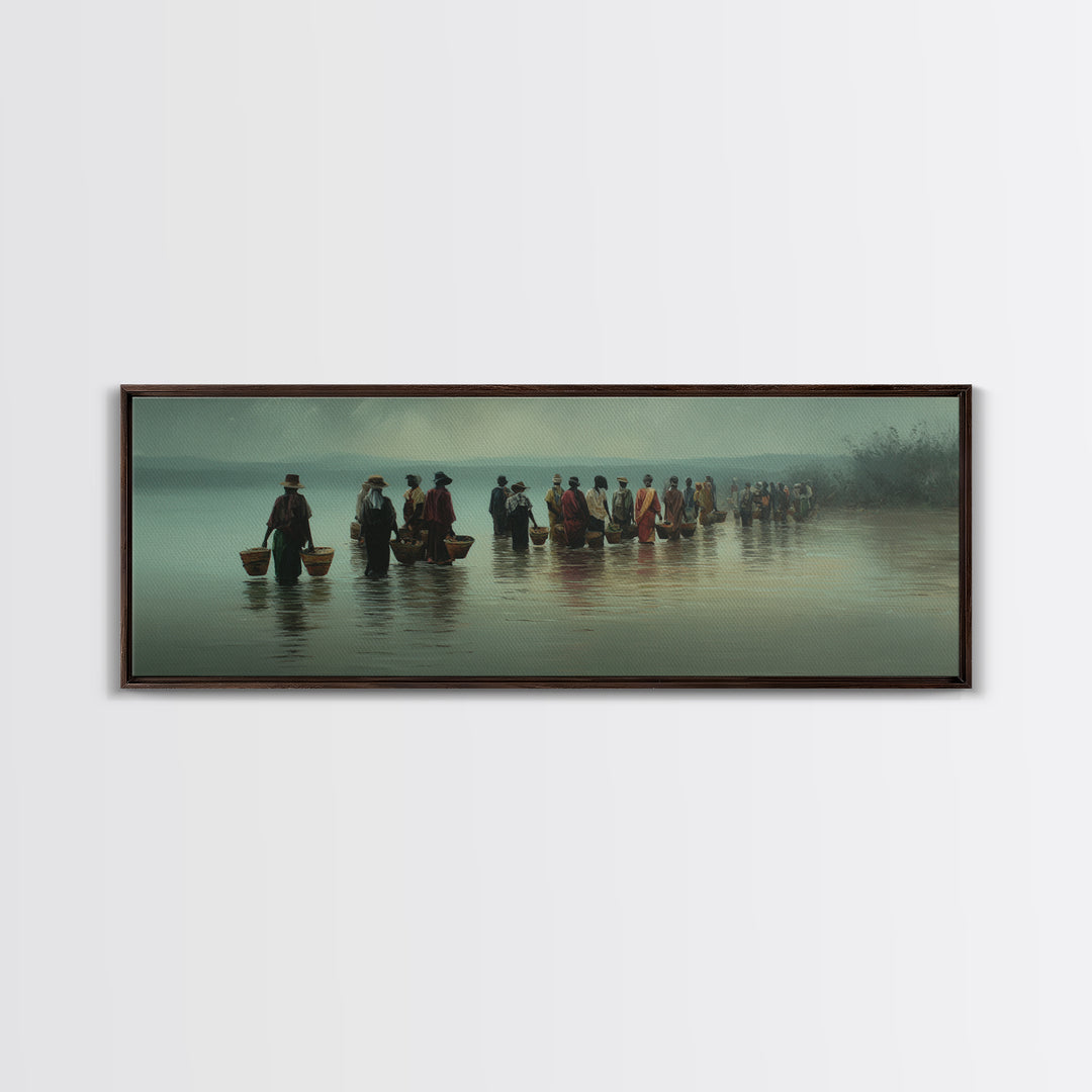 Misty African Fishermen Procession Wall Art, Panoramic Lake Landscape, Cultural African Decor, Serene Safari Home Decor Gift
