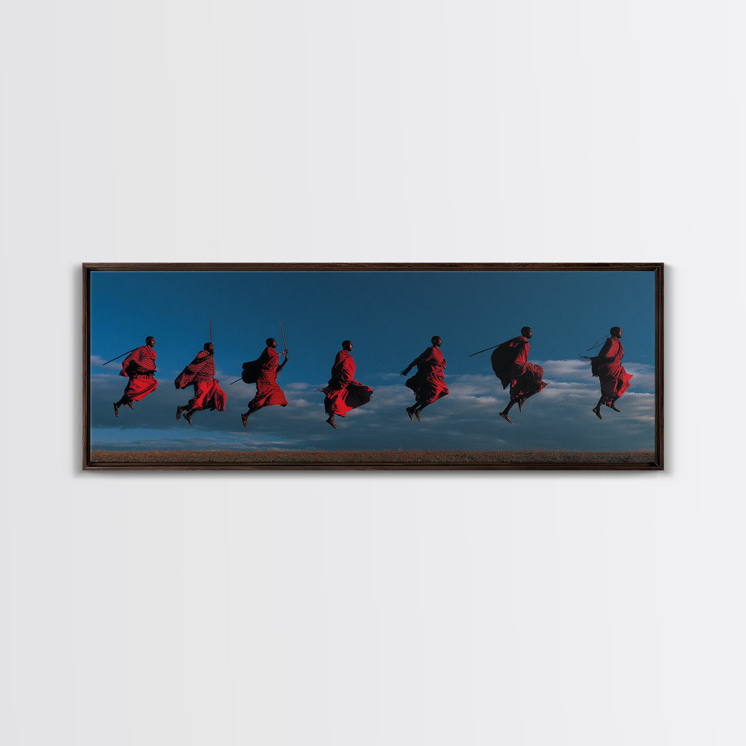 Red Maasai Warriors Leaping With Spears Wall Art, Panoramic African Tribal Art, Safari Decor, Bold Cultural Home Decor Gift