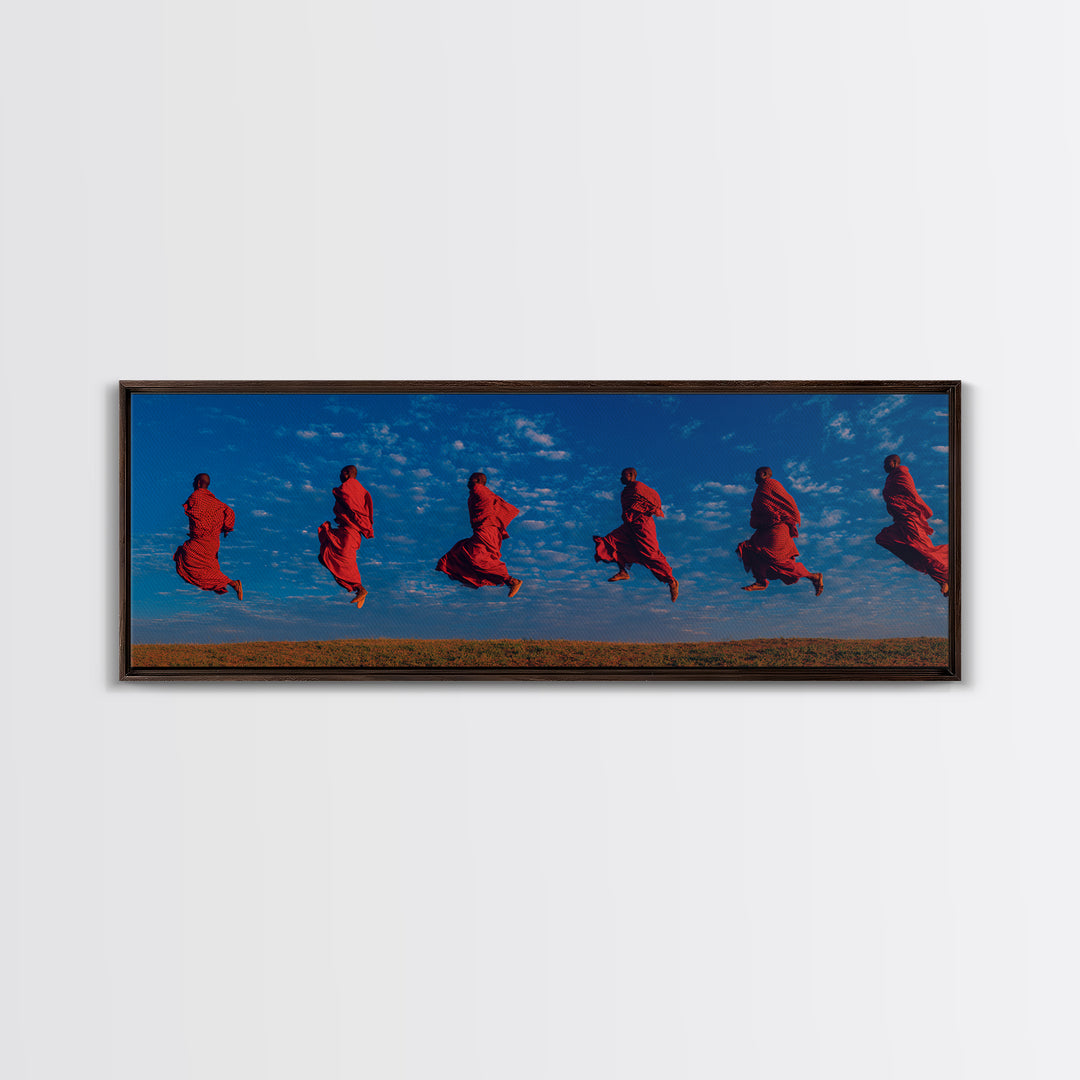 Floating Red Maasai Dancers Framed Canvas Print, African Wall Art, Tribal Safari Decor, Vibrant Cultural Living Room Art