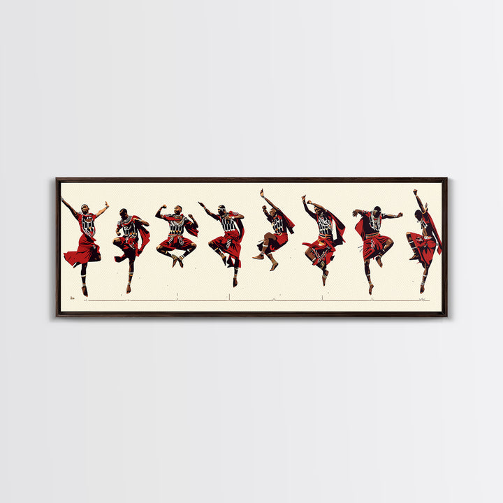 Traditional Maasai Dance Line Canvas Print, African Art Prints, Red Tribal Wall Decor, Afrocentric Culture Gift For Home