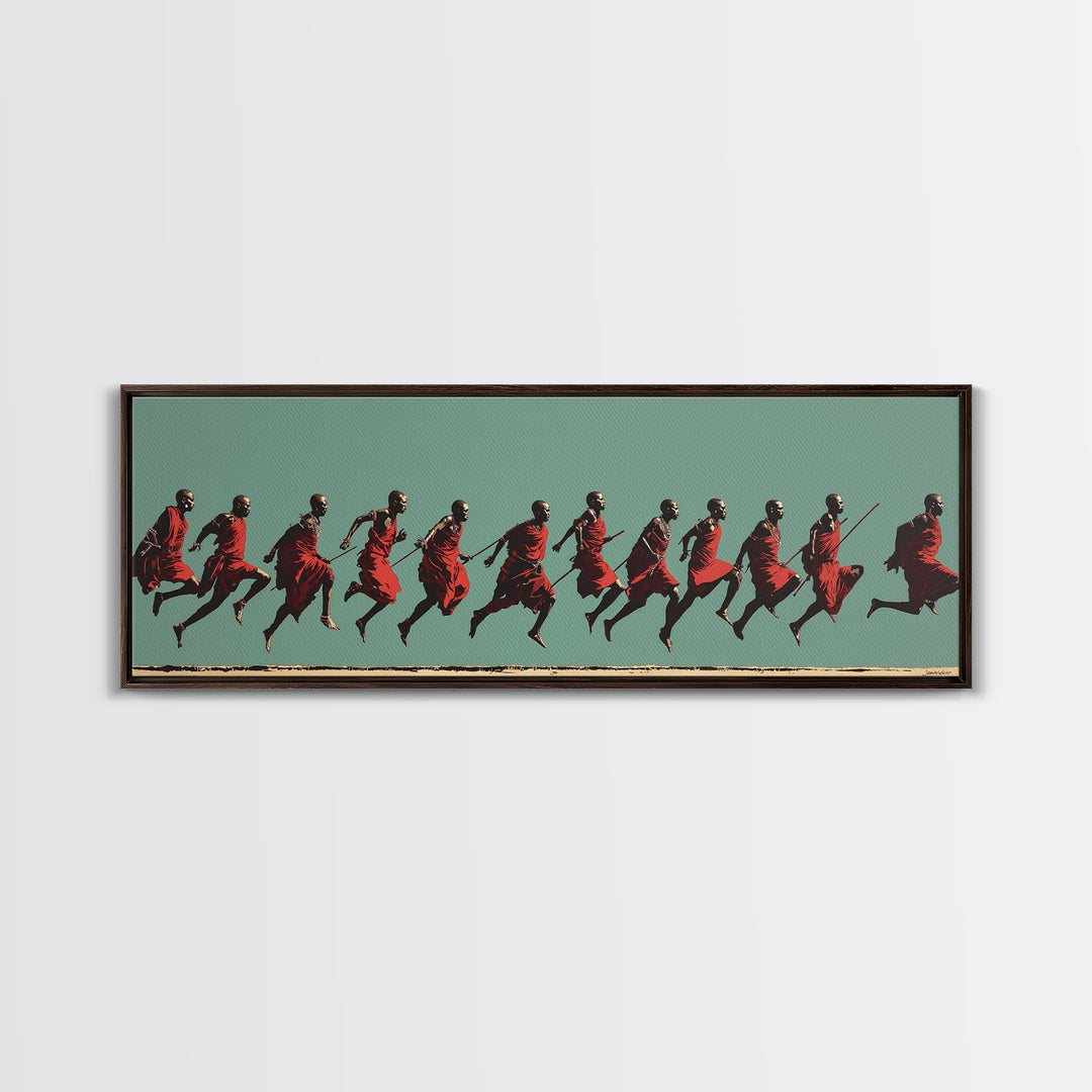 Dynamic Maasai Warriors Running Wall Art, African Warrior Art, Tribal Culture Canvas, Panoramic Safari Home Decor Art Gift