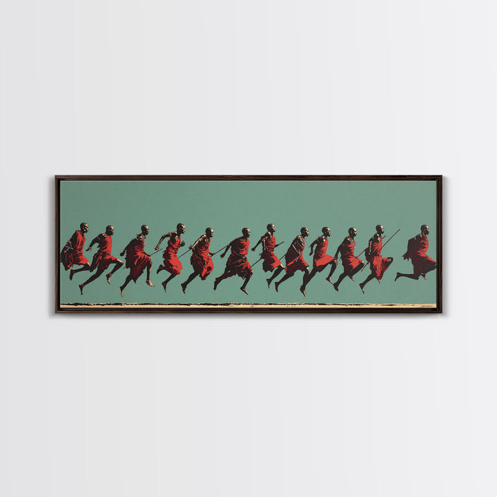 Dynamic Maasai Warriors Running Wall Art, African Warrior Art, Tribal Culture Canvas, Panoramic Safari Home Decor Art Gift
