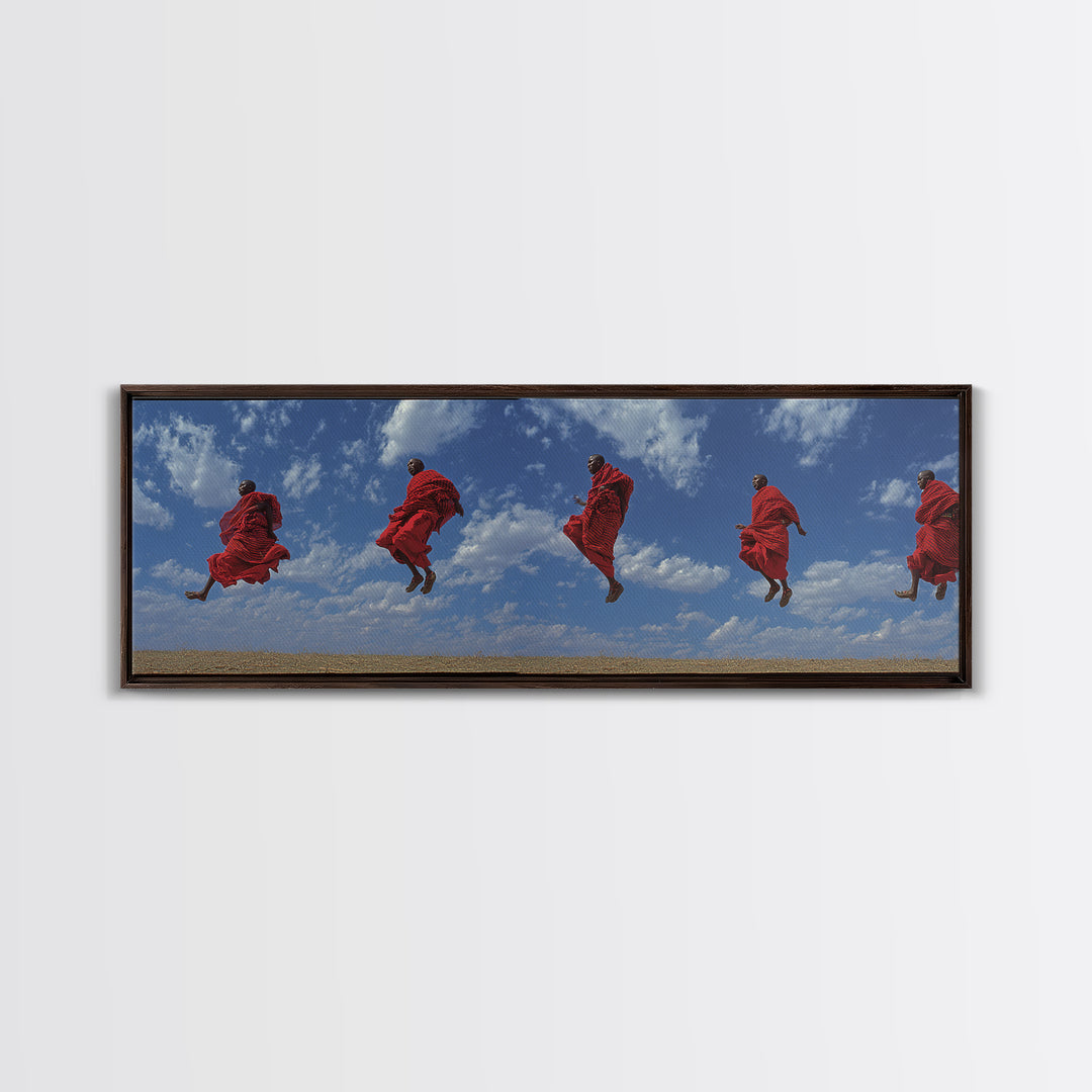 Airborne Maasai Dancers Under Clouds Canvas Print, African Wall Art, Red Tribal Safari Decor, Cultural Statement Gift For Home
