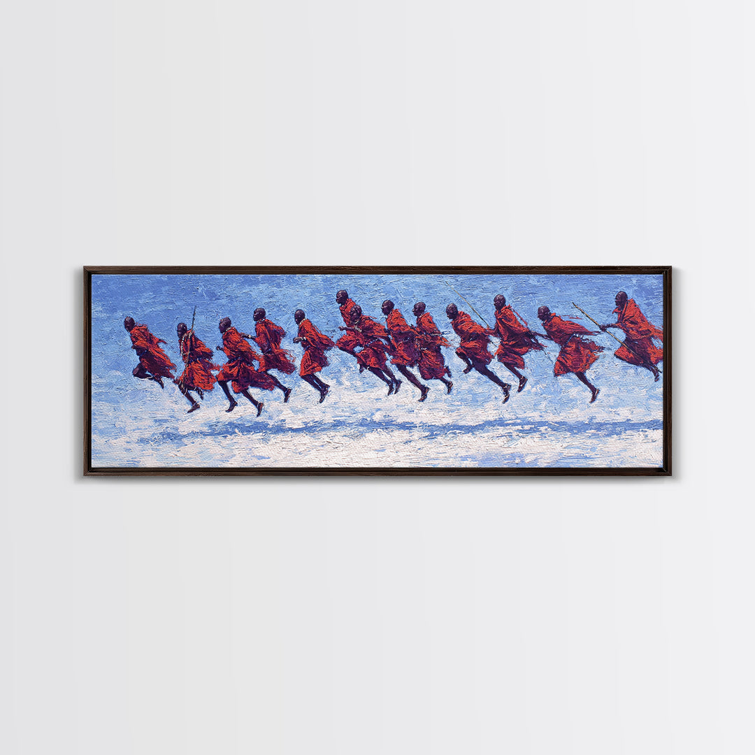 Blue Textured Maasai Warriors Running Wall Art, Abstract African Art, Tribal Safari Decor, Vibrant Panoramic Canvas Print