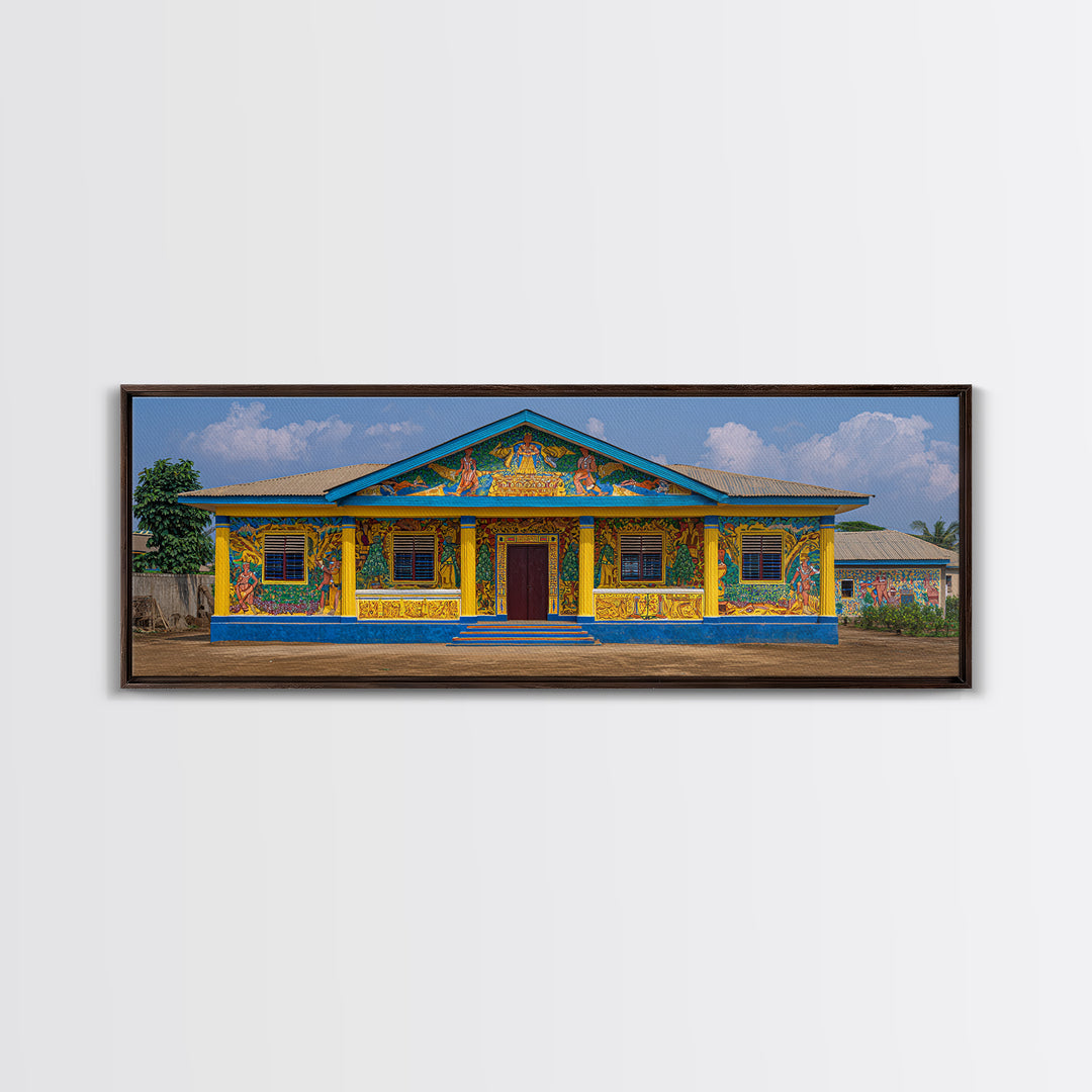 Painted African House Canvas Print, Bright Blue Yellow Facade, Folk Architecture Photography, Cultural Wall Decor Gift Print
