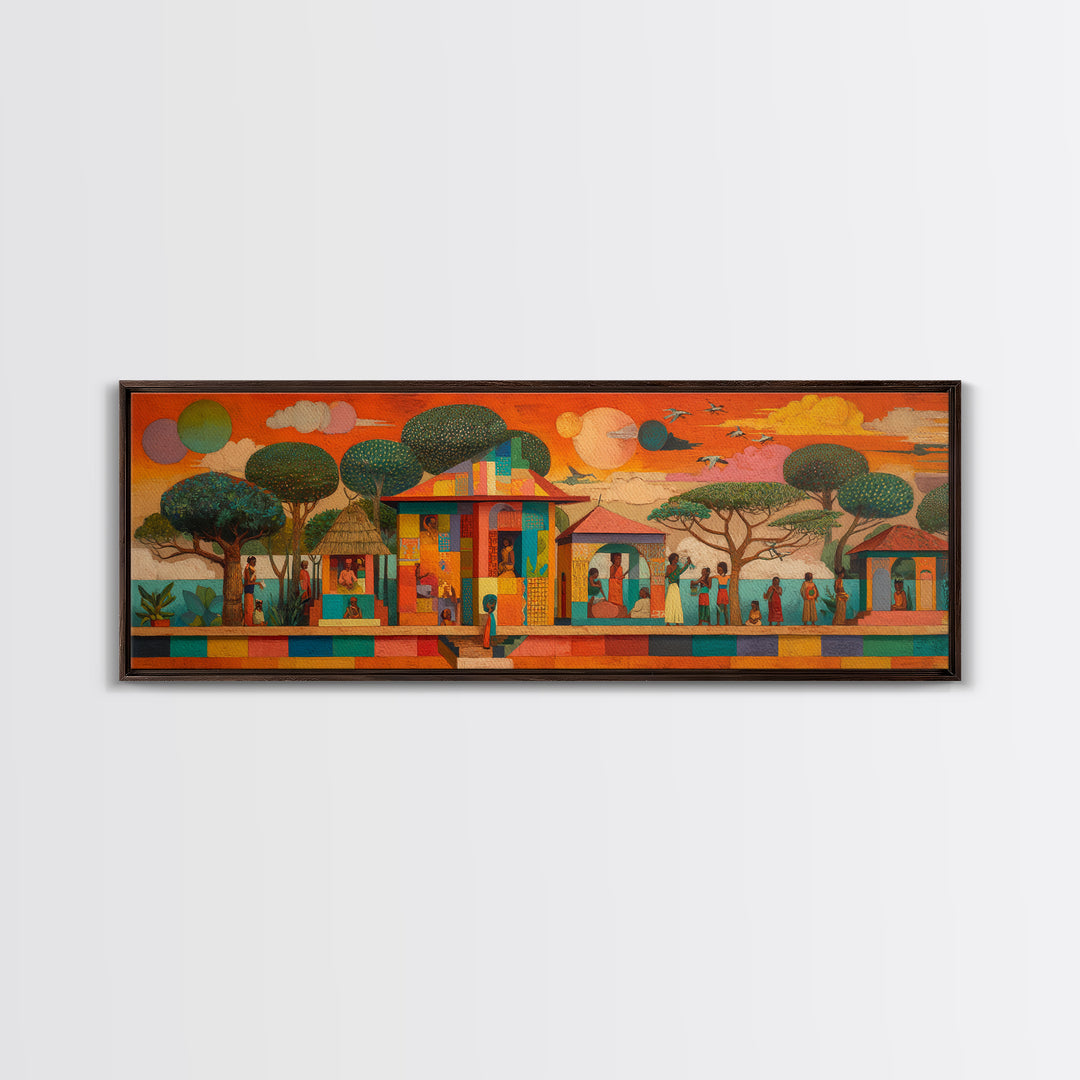 Modern African Village Framed Canvas Print, Sunset Trees And Colorful Homes, Afrocentric Landscape Decor, Cultural Wall Art