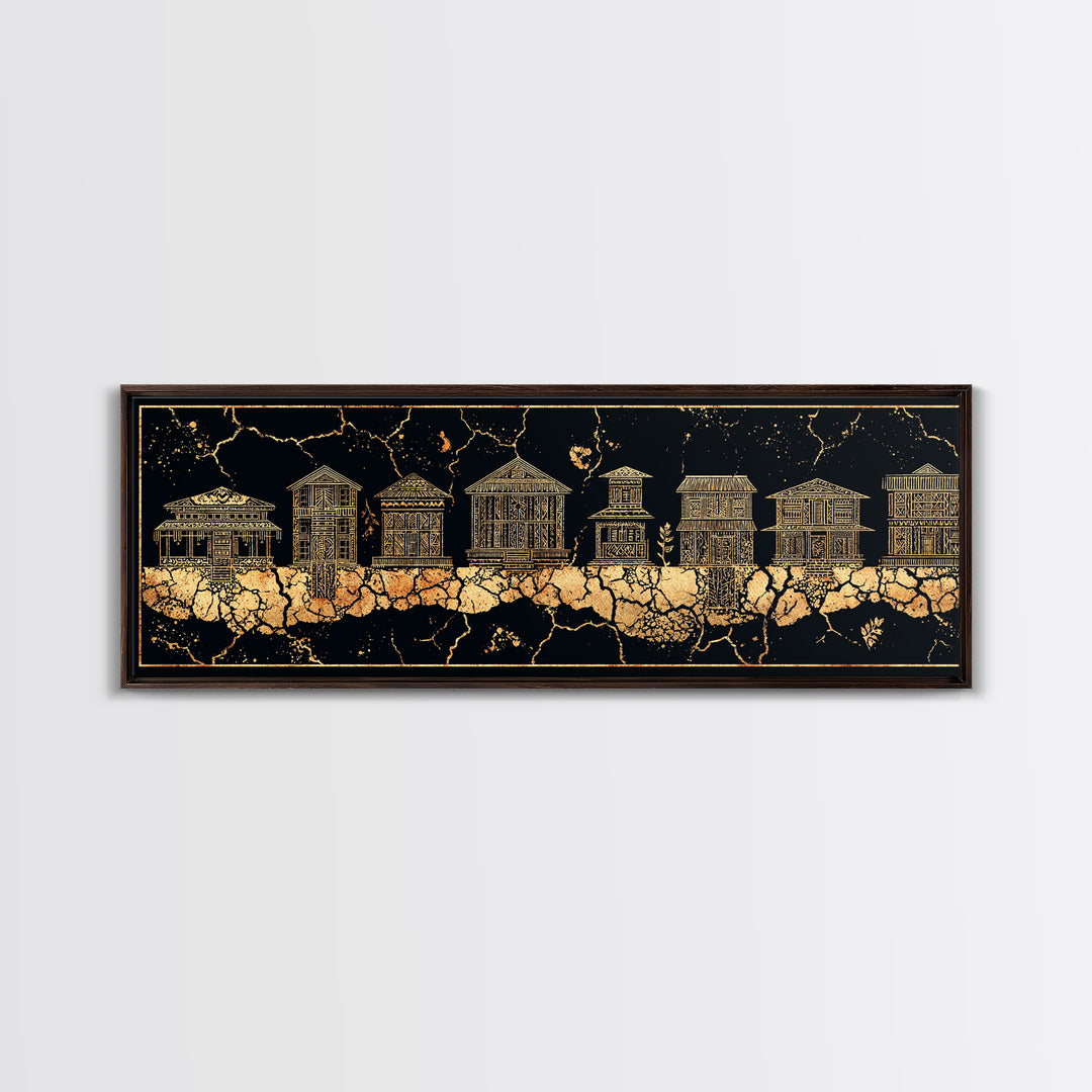 Gold African Village Wall Art, Black Crackle Line Houses, Tribal Architecture Print, Luxury Afrocentric Statement Decor Gift