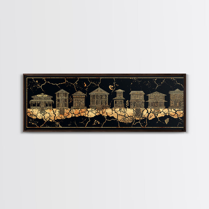 Gold African Village Wall Art, Black Crackle Line Houses, Tribal Architecture Print, Luxury Afrocentric Statement Decor Gift