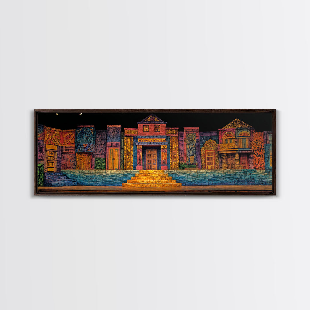 Colorful African Village Night Street Wall Art, Folk Architecture Canvas Print, Afrocentric Home Decor, Vibrant Townscape
