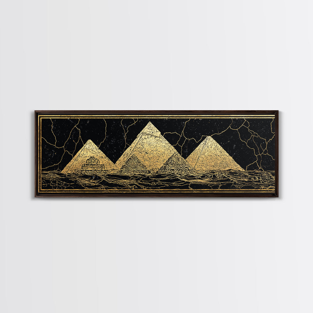Gold Egyptian Pyramids On Black Wall Art, African Egyptian Art Canvas Print, Ancient Africa Decor, Luxury Abstract Poster