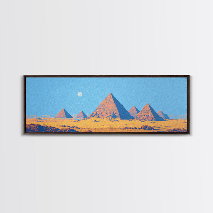 Blue Sky Egyptian Pyramids Moon Wall Art, African Landscape Canvas Print, Desert Travel Poster, Minimalist Cultural Decor
