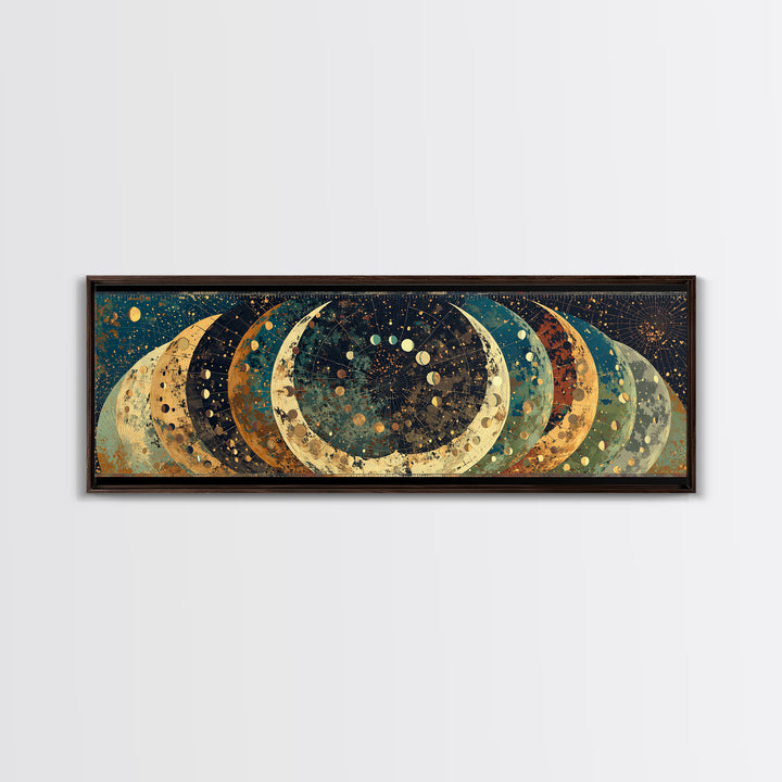 Layered Crescent Moon Abstract Wall Art, Mystical Wall Art, Boho African Inspired Canvas Print, Teal Gold Home Decor Gift