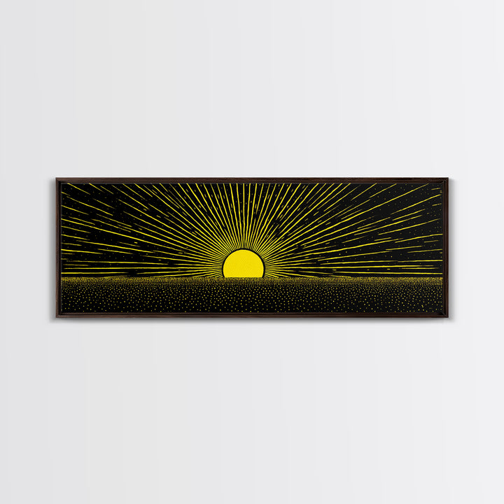 Minimal Golden Sunrise Rays Wall Art, Black And Gold Abstract Landscape, Modern Canvas Decor For Office Or Living Room Gift