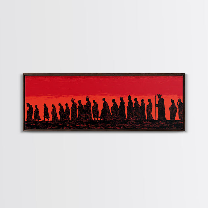 Red Sunset African Procession Wall Art, Tribal Silhouette Landscape, Panoramic Black Culture Home Decor For Living Room Gift