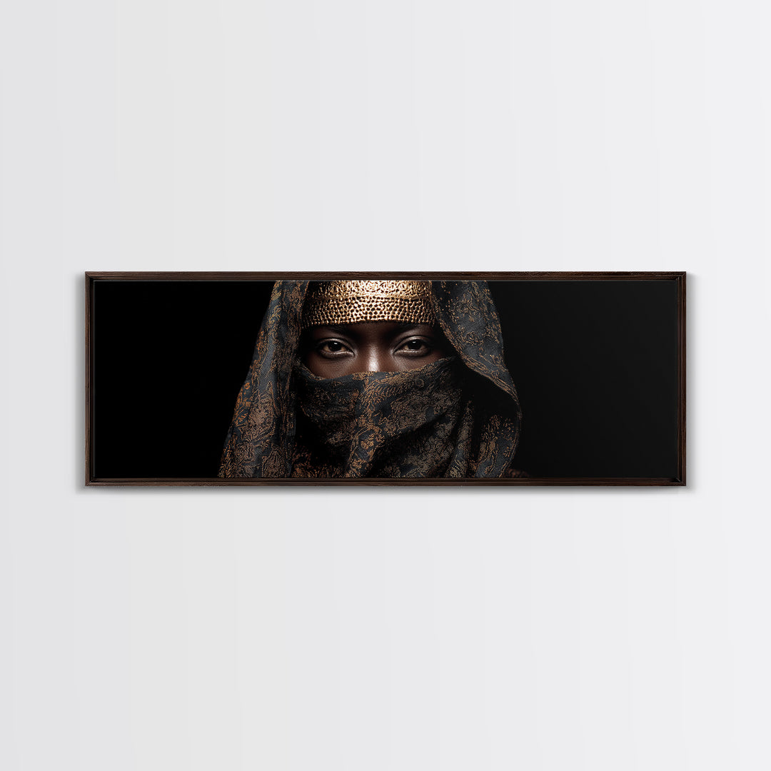 Veiled African Queen Canvas Print, Black Woman Portrait, Gold Jewelry Canvas, Afrocentric Wall Decor, Elegant Home Art Gift