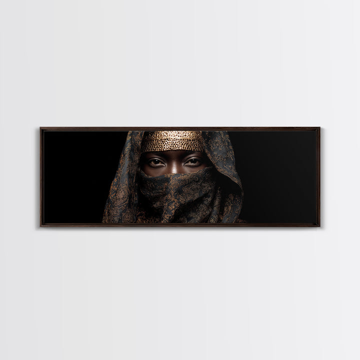 Veiled African Queen Canvas Print, Black Woman Portrait, Gold Jewelry Canvas, Afrocentric Wall Decor, Elegant Home Art Gift