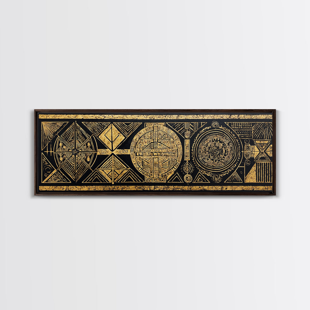 Black Gold Tribal Geometry Wall Art, African Patterns Painting, Kuba Inspired Textile Art, Luxury Canvas Decor For Home Gift