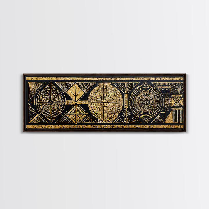 Black Gold Tribal Geometry Wall Art, African Patterns Painting, Kuba Inspired Textile Art, Luxury Canvas Decor For Home Gift