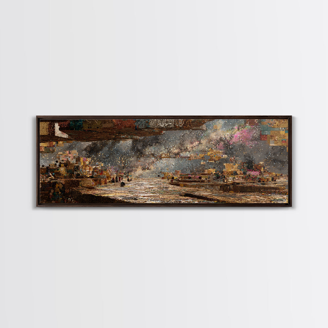 Starlit African Harbor Wall Art, Dreamy Landscape Painting, Abstract City Lights, Textured Art Print For Living Room Decor