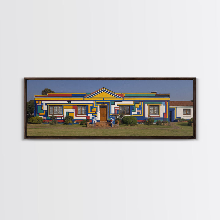 Bright Ndebele House Canvas Print, South African Art Decor, Geometric Pattern Facade, Cultural Wall Decor For Living Room