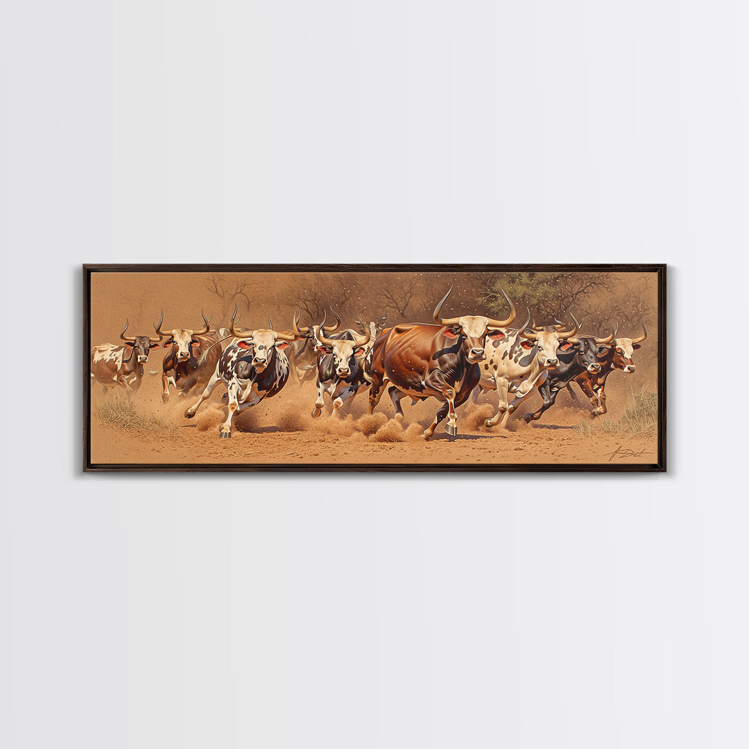 Charging African Cattle Herd Canvas Print, Safari Animal Wall Art, Rustic Ranch Decor, Brown Earth Tone Living Room Art Gift
