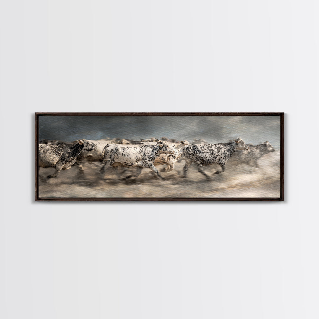 Running Speckled Cattle Wall Art, African Safari Art Print, Neutral Farmhouse Decor, Dramatic Animal Canvas For Home Decor