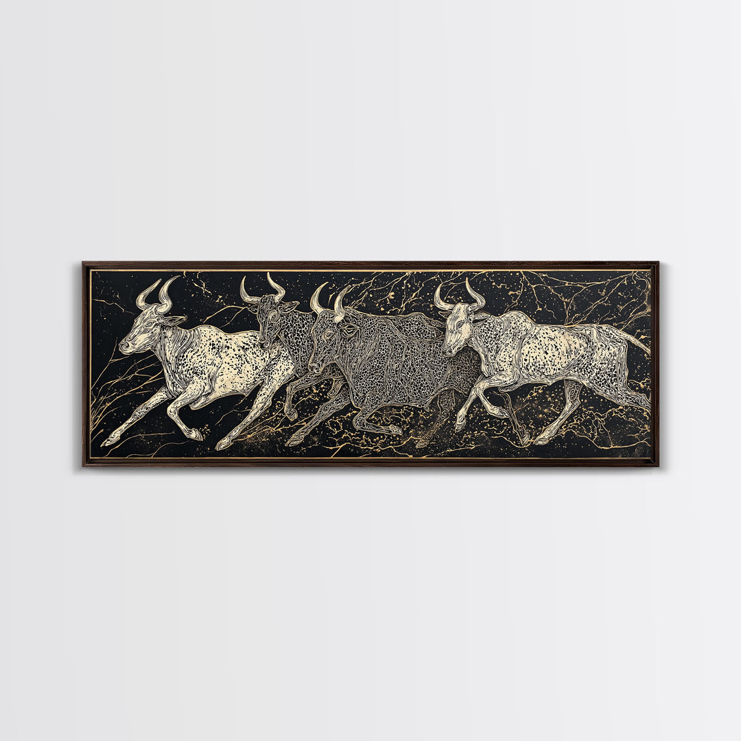 Black And Gold Longhorn Cattle Wall Art, Tribal Animal Print, Rustic Western Decor, Bold Textured Canvas Print For Home Decor