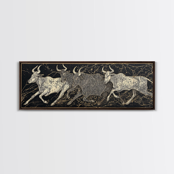 Black And Gold Longhorn Cattle Wall Art, Tribal Animal Print, Rustic Western Decor, Bold Textured Canvas Print For Home Decor