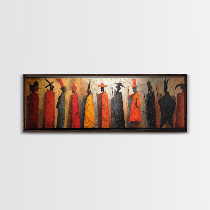 Tall Tribal Figures Framed Canvas Print, African Warrior Art, Afrocentric Wall Art, Cultural Home Decor, Bold Tribal Art Decor