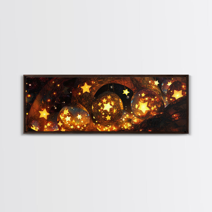 Glowing Star Orbs Canvas Print, Dreamy Wall Art, Black And Gold Art, Celestial Decor, Magical Bedroom Wall Decor, Unique Home Decor