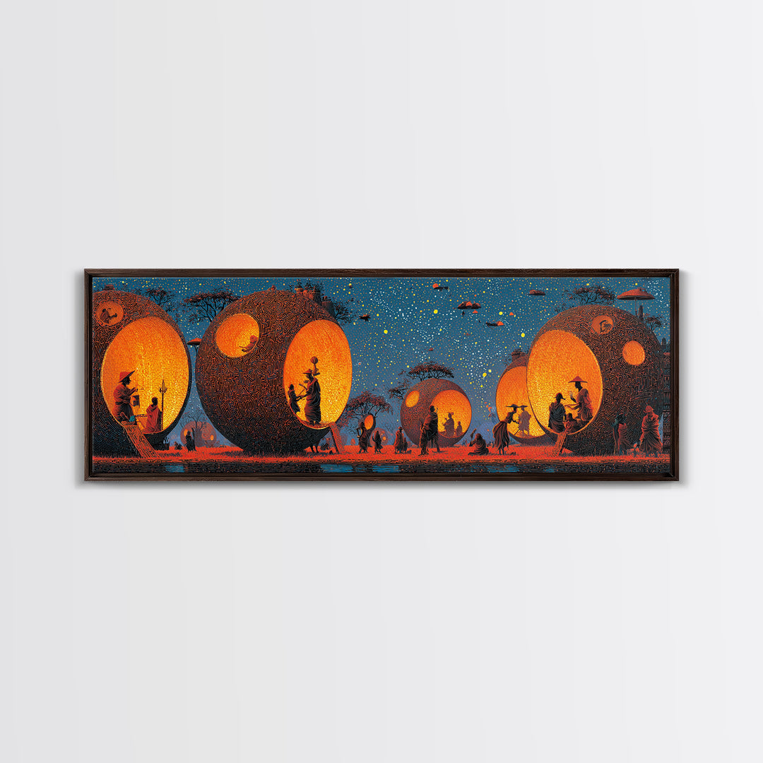 Glowing Spherical Village Canvas Print, African Inspired Wall Art, Orange Decor, Afrocentric Art, Culture Wall Art, Unique Canvas