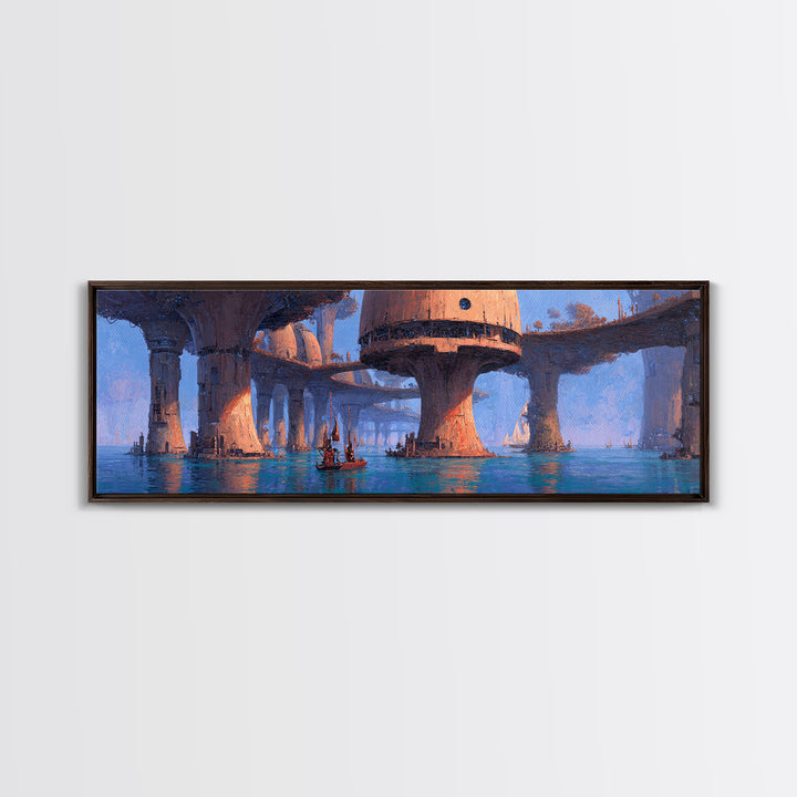 Futuristic Harbor City Canvas Print, Blue Wall Art, Modern Canvas Art, Large Wall Art, Fantasy Landscape Decor, Office Decor