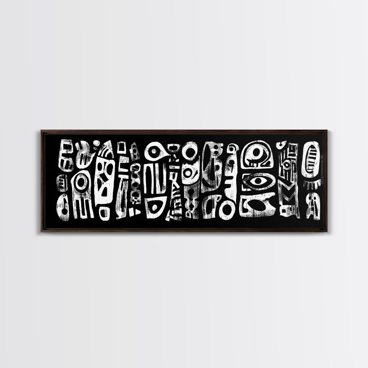 White Abstract African Mask Symbols Canvas Print, Black Tribal Pattern Wall Decor, Afrocentric Modern Art, Ethnic Art Print