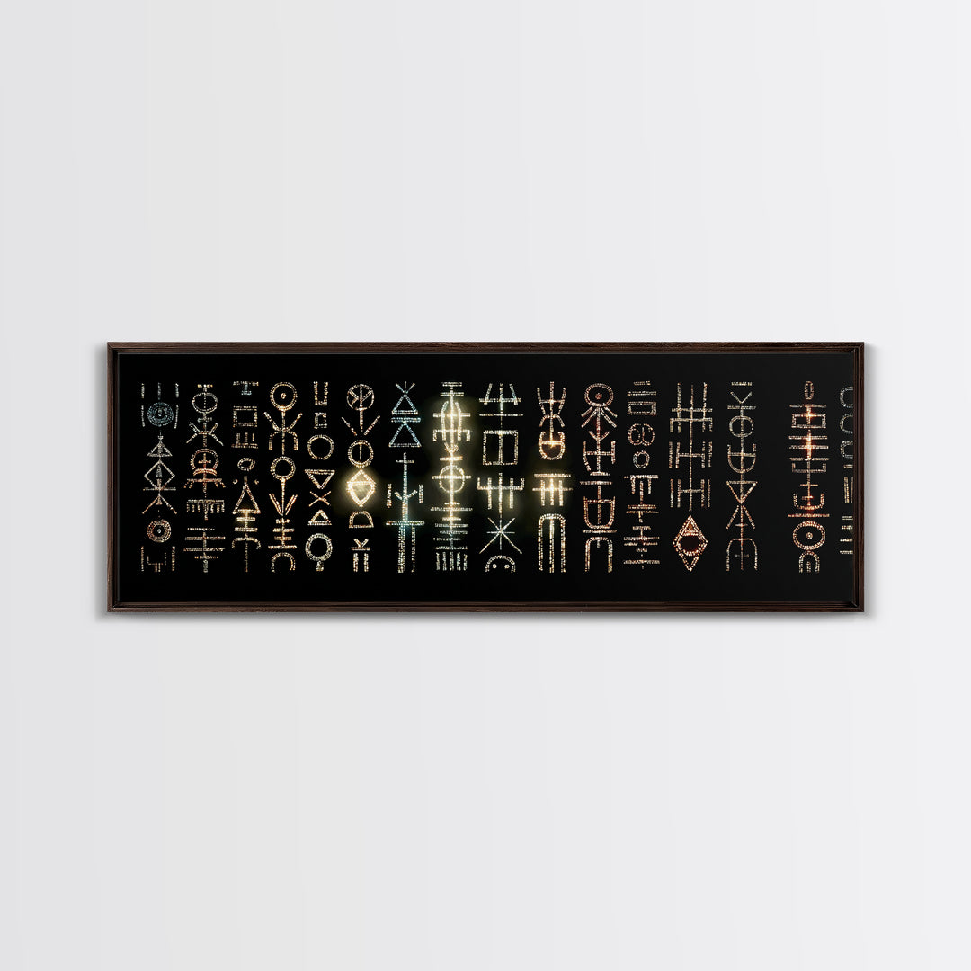 Illuminated African Tribal Icons Wall Art, Gold And Teal Symbol Pattern, Afrocentric Decor, Modern Cultural Art Print Gift