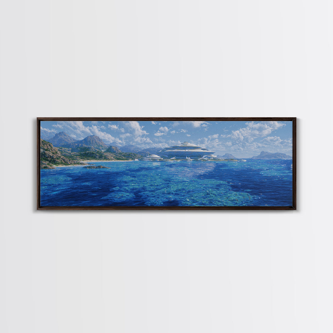 Blue Mediterranean Coast Futuristic Yacht Wall Art, Ocean Landscape Canvas Decor, Luxury Travel Poster, Modern Home Art Print