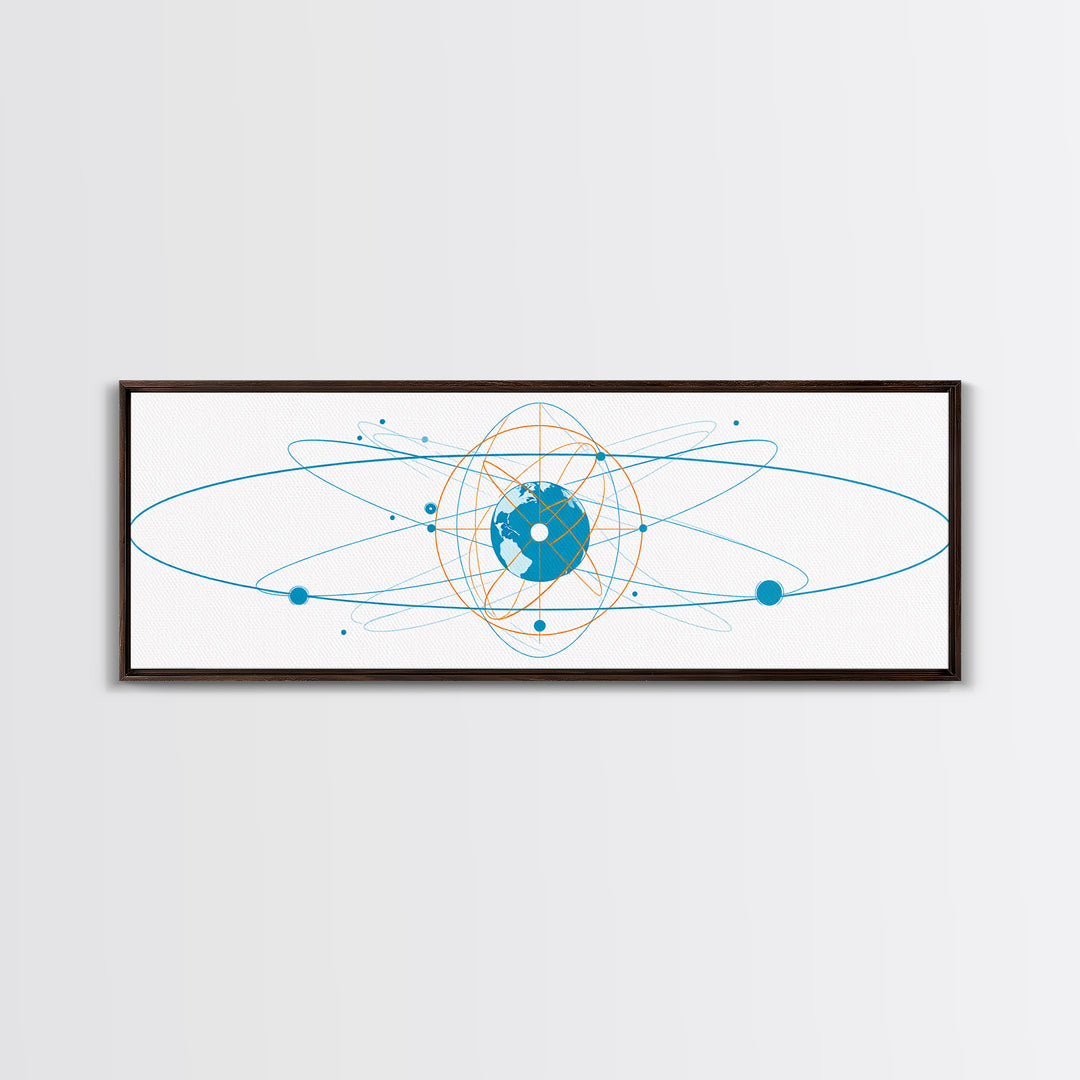 Blue Orange Atomic Globe Orbit Canvas Print, Modern Science Wall Art, Geometric Digital Art, Futuristic Office Decor Print